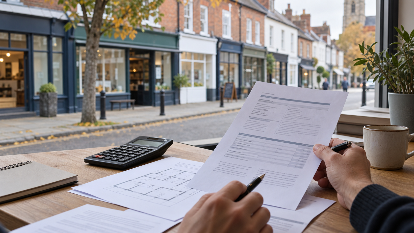 Business rates assessment documents and a calculator overlooking an English high street