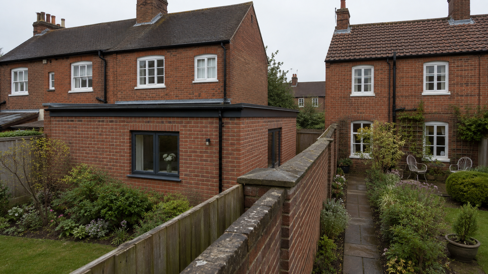 Two neighbouring English houses divided by a boundary wall beside a modern extension